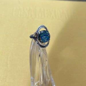 JS Mexico Sterling Silver Art Glass Cabochon Modernist Ring 925.